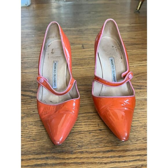 MANOLO BLAHNIK Orange Pink Patent Leather High Heel Shoes  Women's Size 8 - Picture 2 of 8